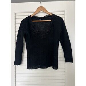 Magaschoni 100% Cashmere Black Sweater SZ S Embellished Floral Crochet Neckline